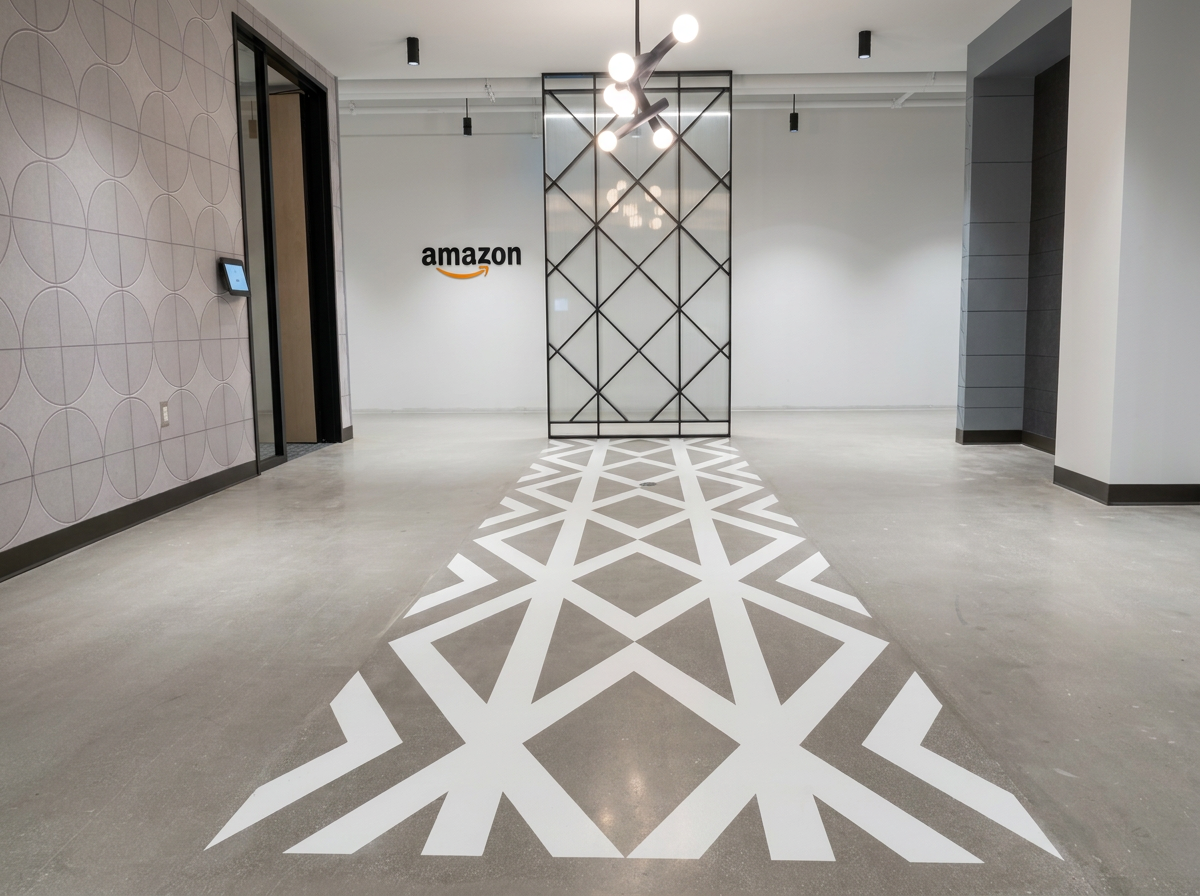 Geometric floor mural and wall design at Amazon headquarters