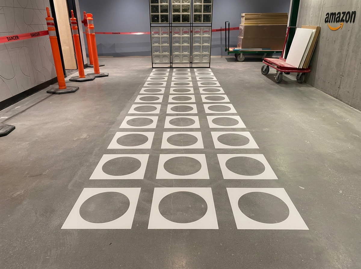 Circular graphic floor design at Amazon headquarters