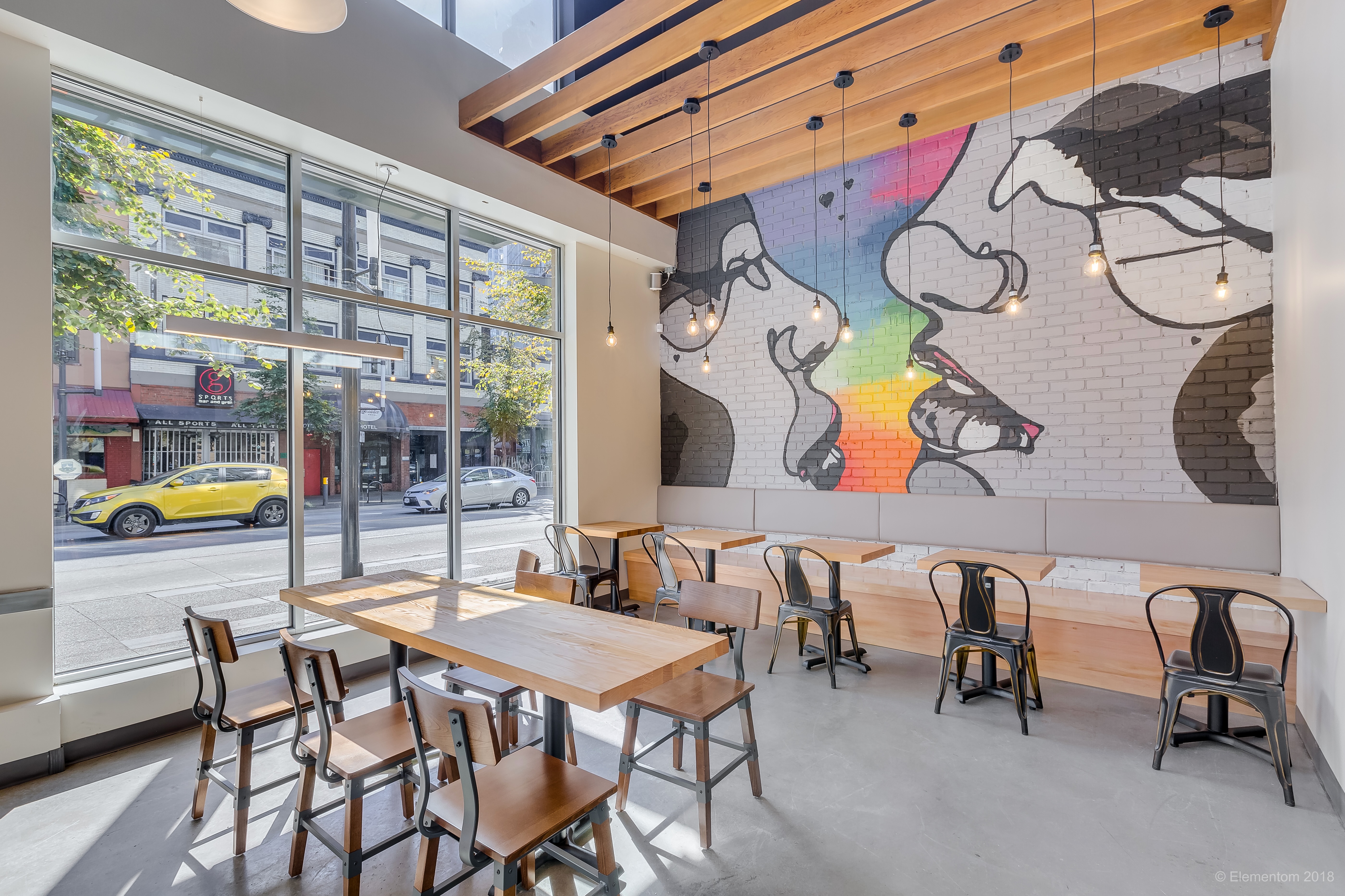 Colourful hand-painted mural inside a Blenz Coffee café