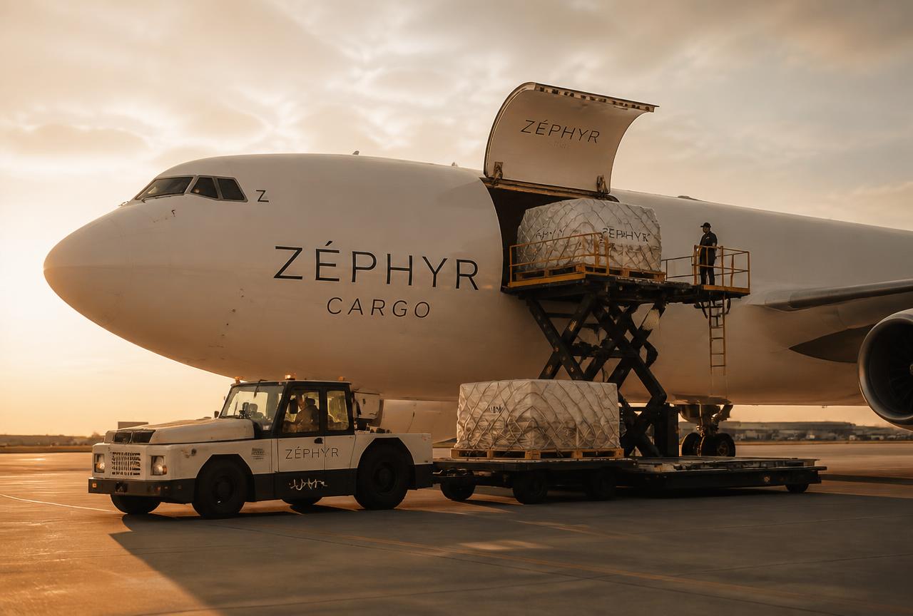 Cargo aircraft being loaded with freight pallets at golden hour