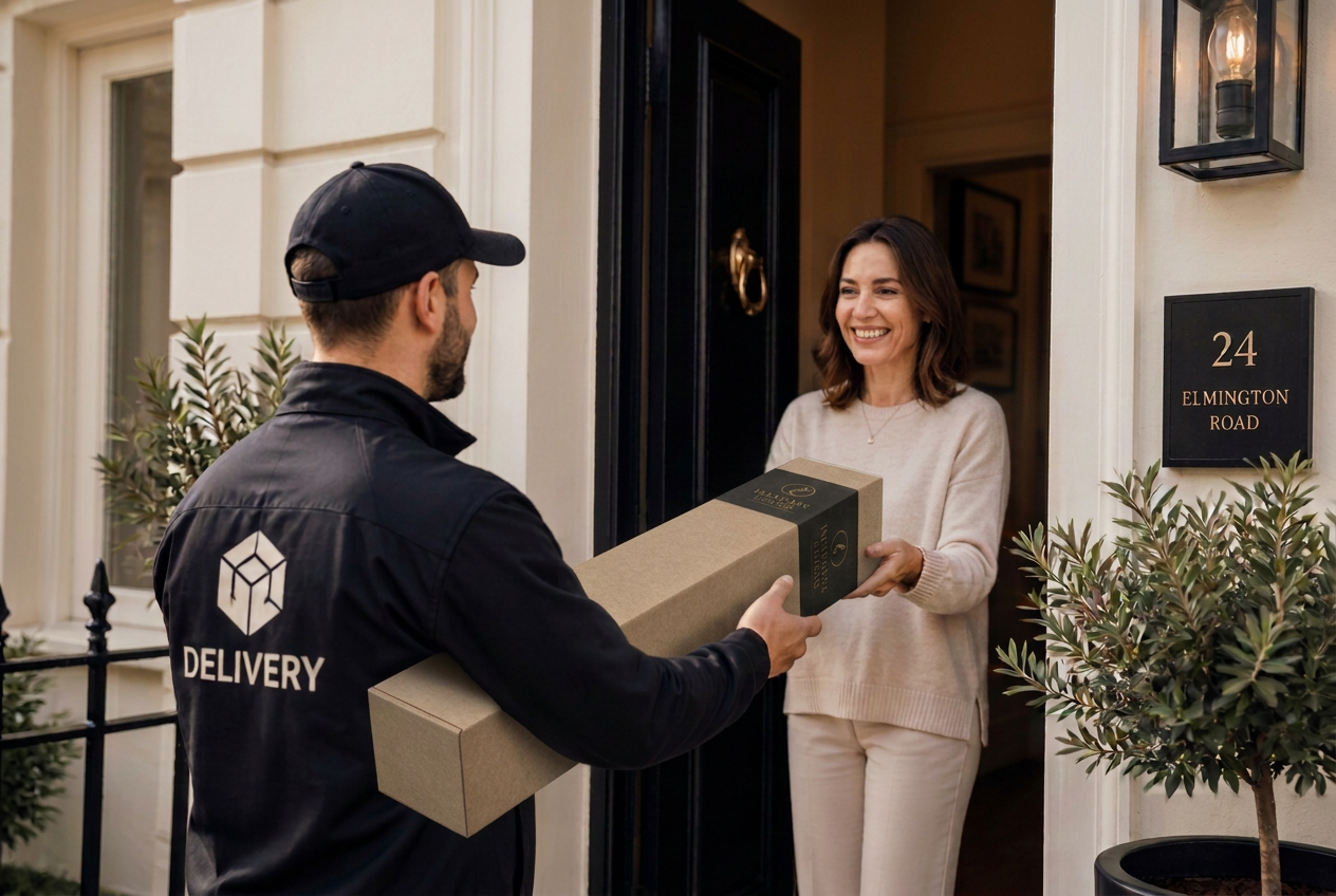 Courier handing a flat kraft parcel to a smiling homeowner at the front door