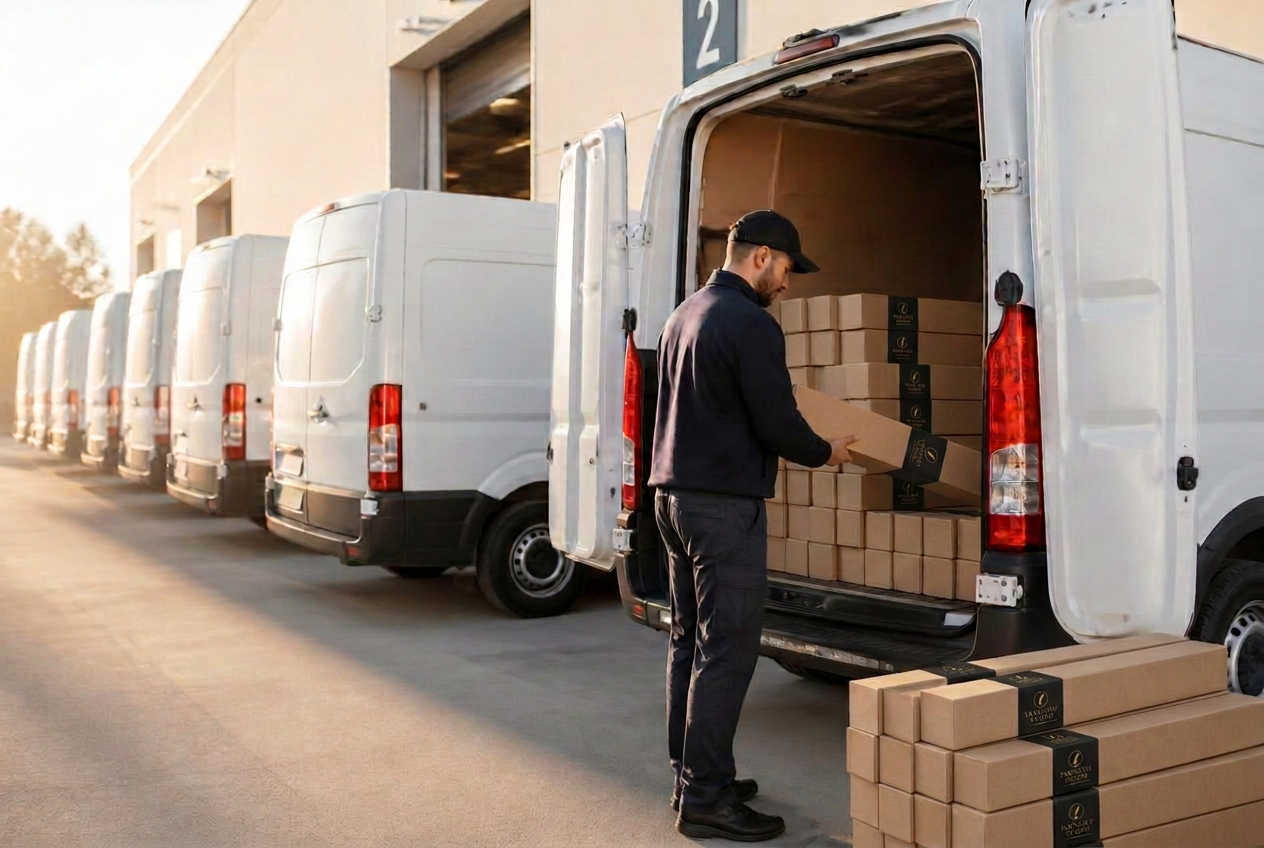 Courier loading parcels into a line of white delivery vans at a bright depot