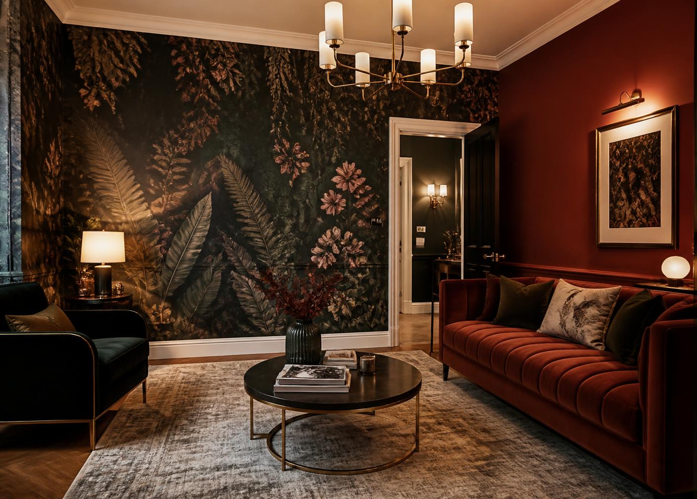 High-end living room with a dark botanical mural and a deep terracotta painted wall