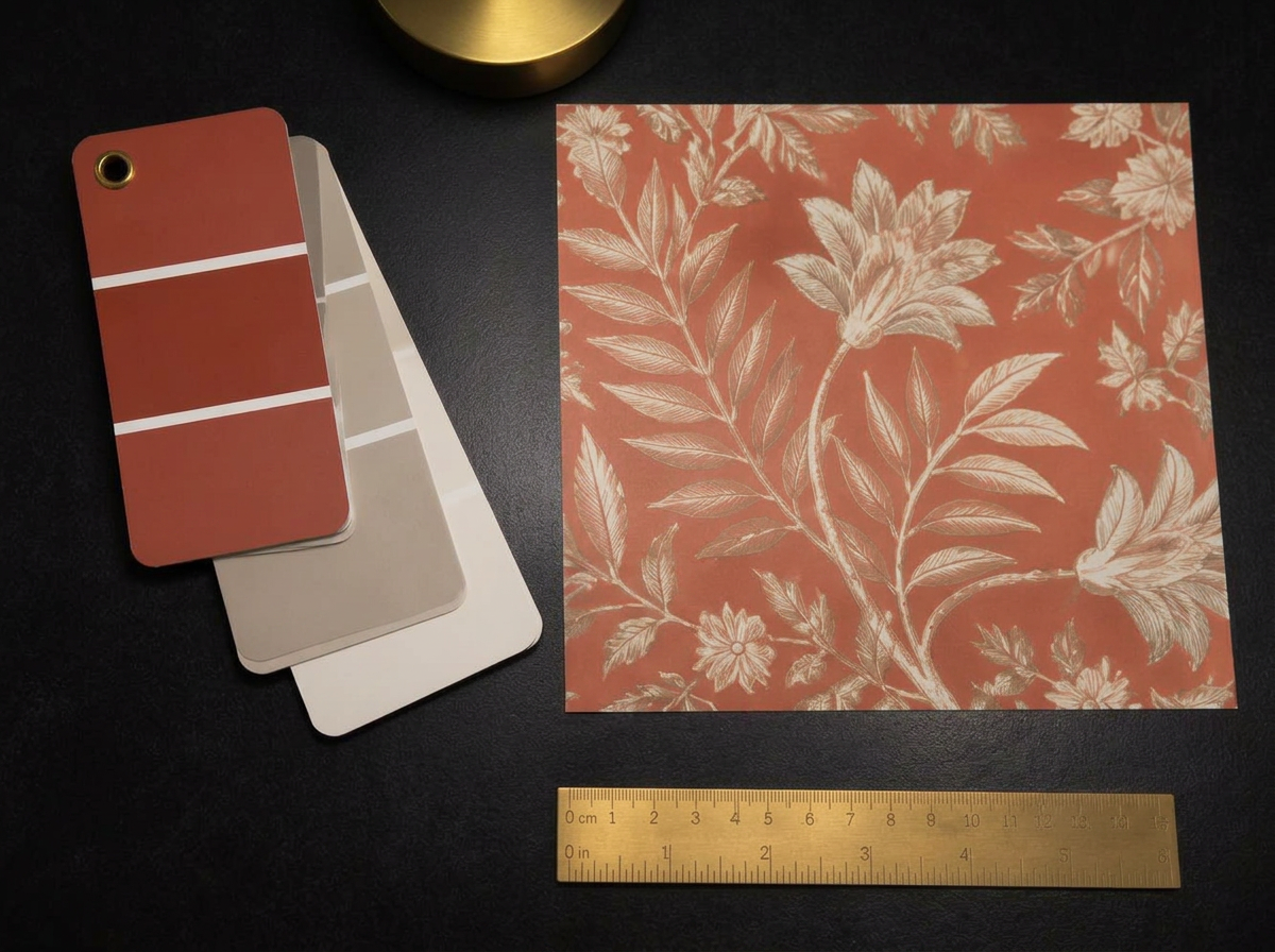Physical paint chip cards laid beside a printed wallpaper sample on a black studio table
