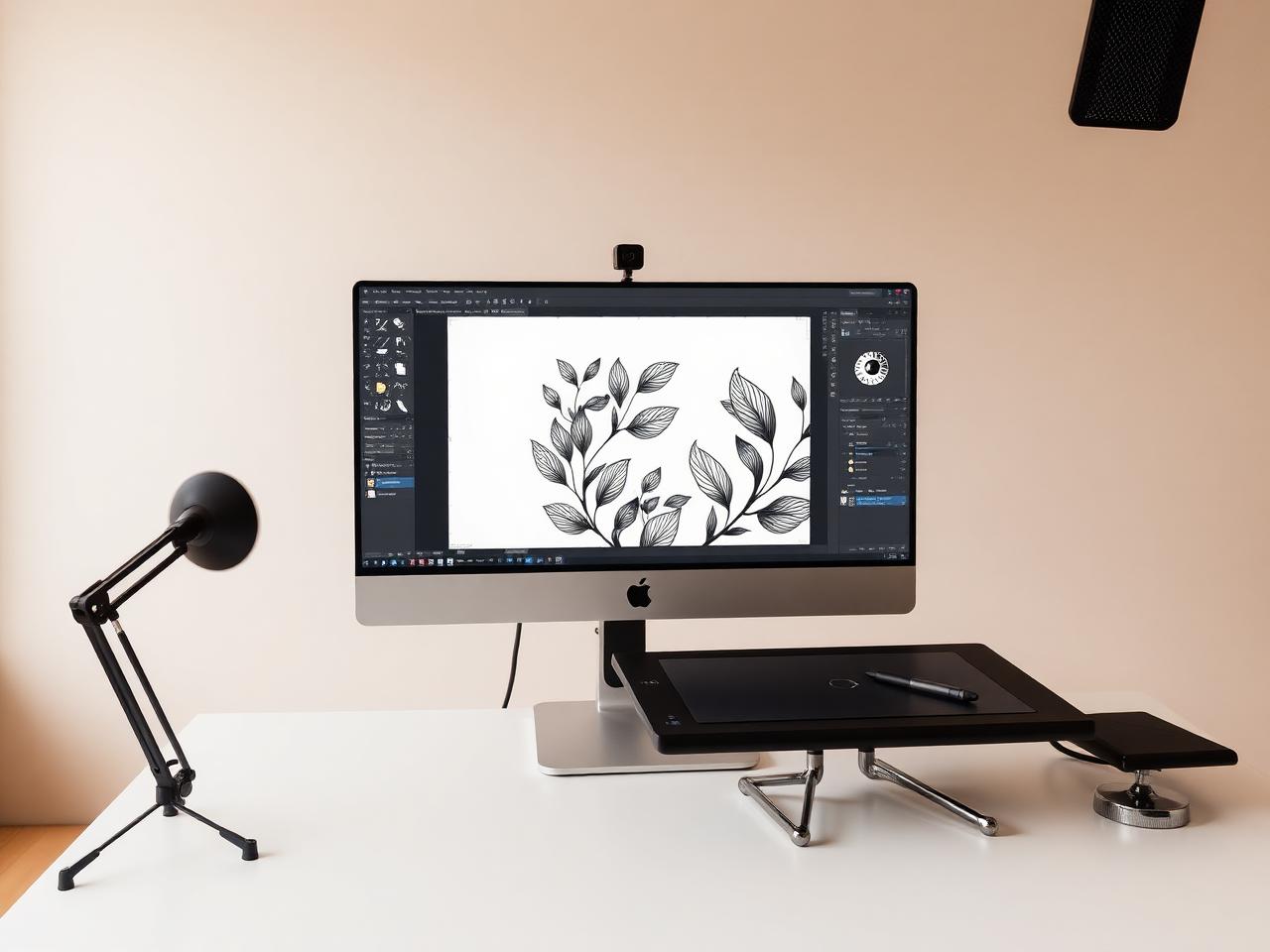 Studio workstation digitising an ink botanical pattern into vector artwork