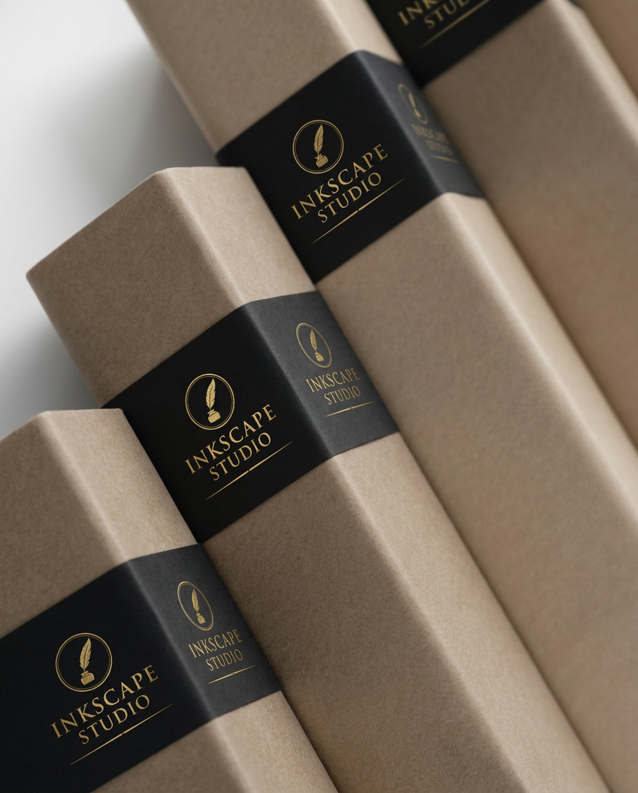 Hands packing a rolled fine art print into a kraft tube sealed with an InkScape Studio branded label and gold ribbon