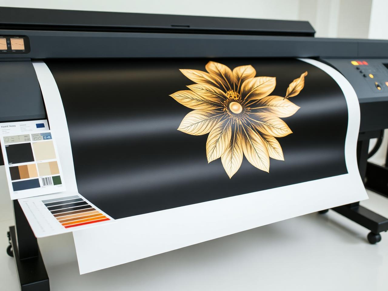 Wide-format printer producing a black and gold botanical art print with colour calibration charts