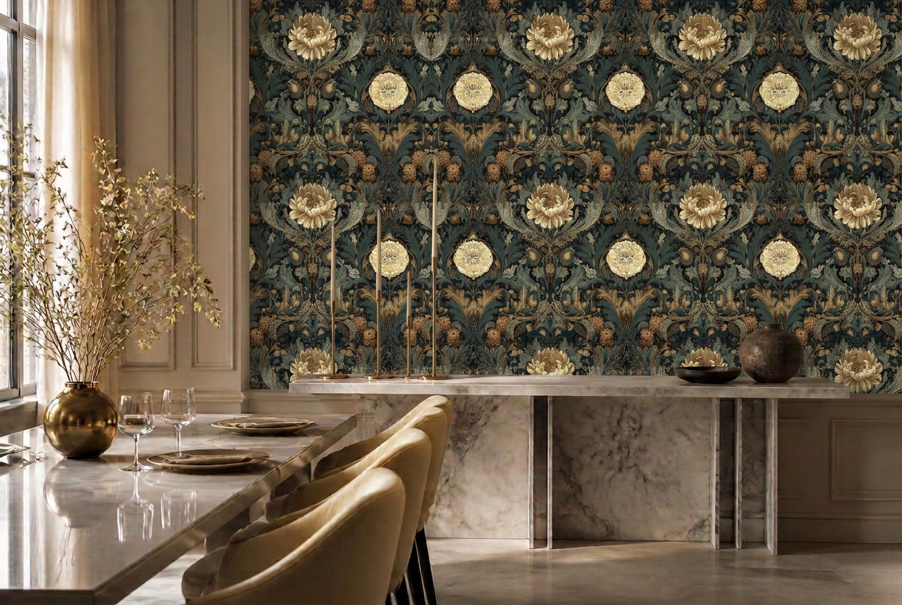 Dining room with a full wall of Verdant Nocturne deep green and gold damask wallpaper
