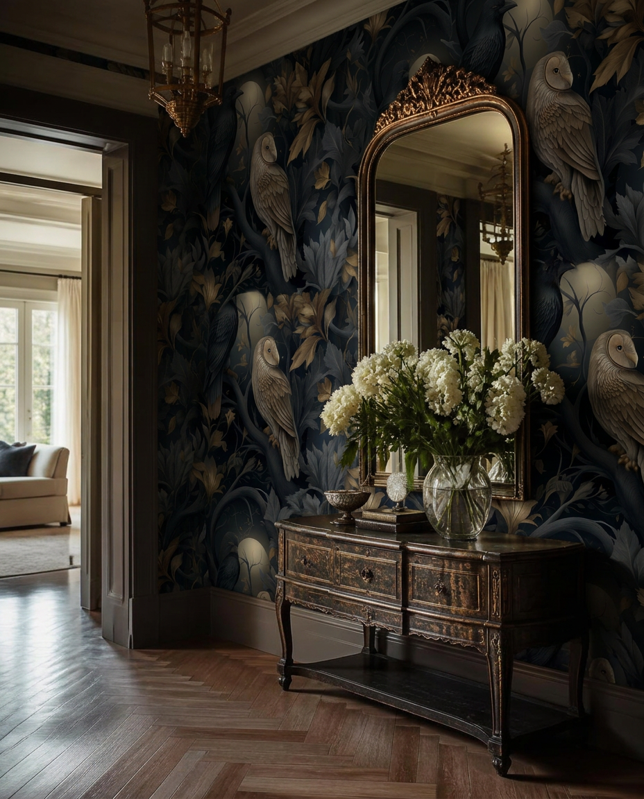 Entrance hall with moonlit owl and raven botanical wallpaper and an antique console