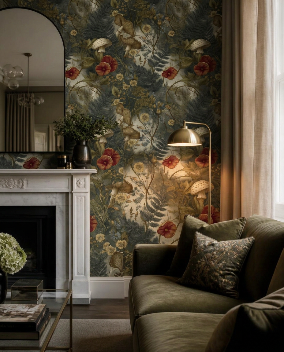 Living room chimney breast in vintage botanical mushroom and fern wallpaper